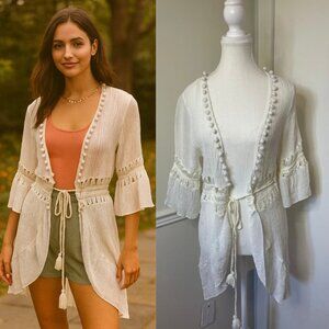 Open Front Boho Pom Pom Duster/Cardigan P2P 17"